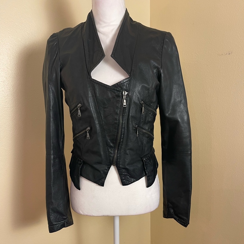 Zara Y2K Real Leather Cropped Moto Jacket Black Buttery Asymmetrical Zip Biker S